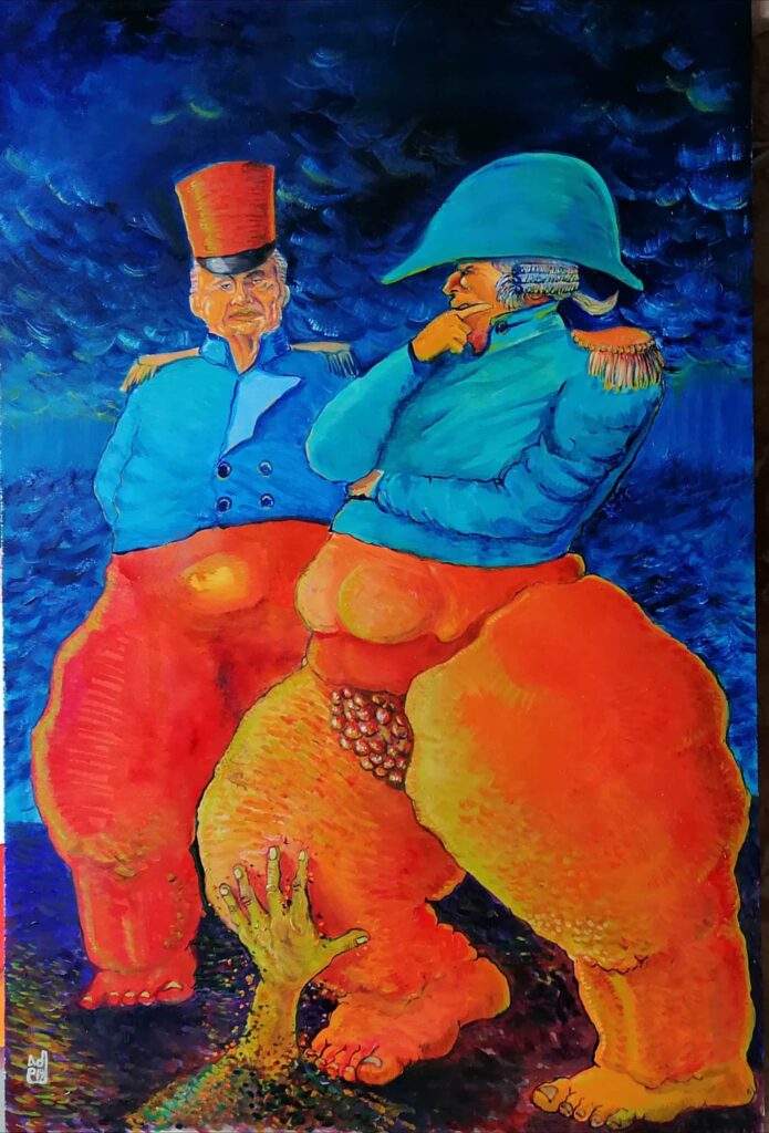 GROTESQUE - GUERRA - Guerre napoleoniche - zombie che viene fuori dalla terra per afferrare la gamba del generale che lo ha mandato a morte. La guerra come concime di campi di patate secondo gli interventisti e papini - alessandra dell'anna peccarisi - illustration - olio su tavola - portfolio d'artista