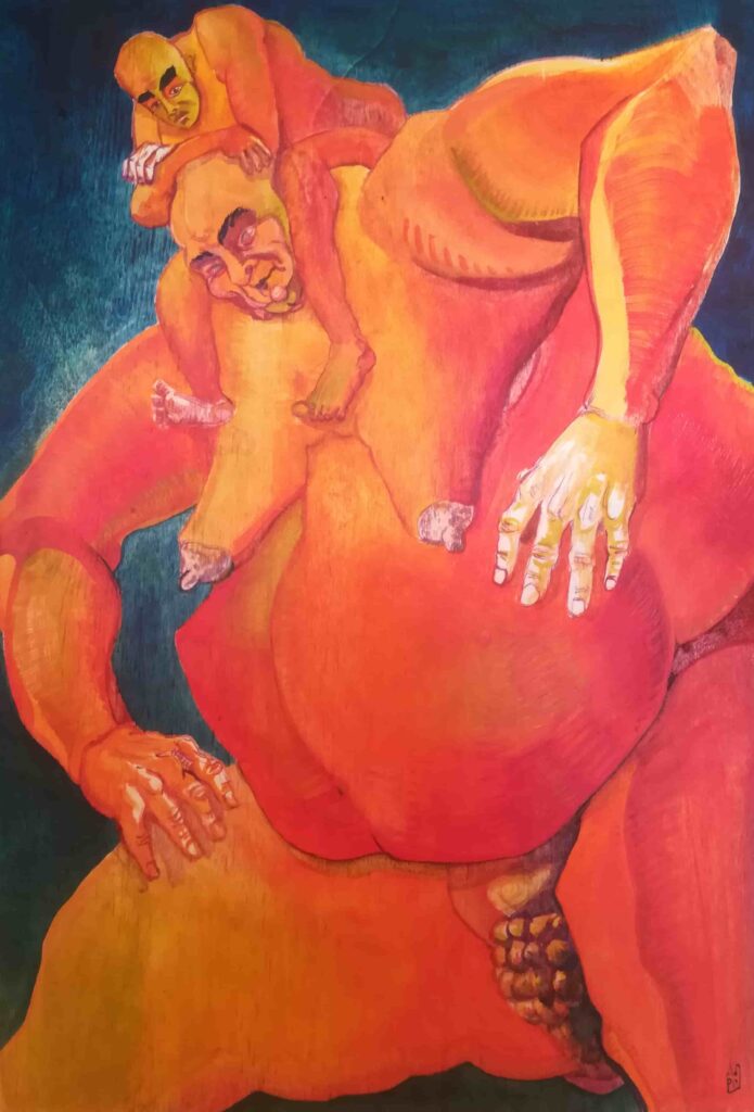 Come nani sulle spalle dei Giganti - Alessandra Dell'Anna Peccarisi - olio su tavola - oil on panel - on the shoulders of giants - newton and bacon - oil painting - contemporary art - artisti italiani contemporanei