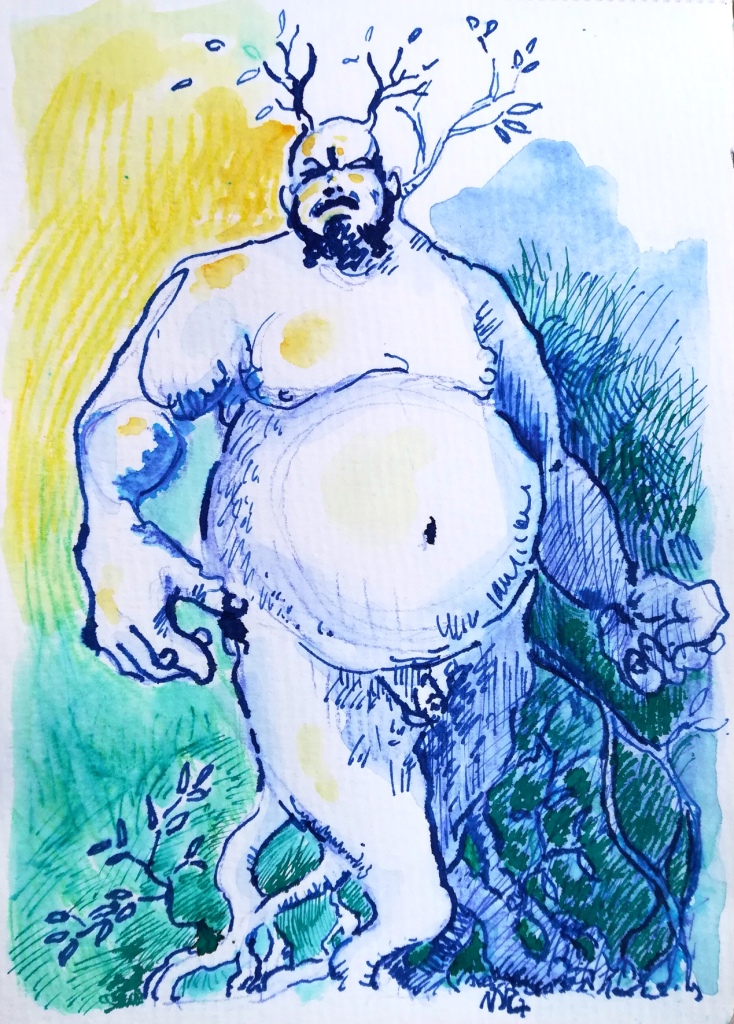 fauno - protettore degli alberi . nugae - ent - il signore degli anelli - inchiostri e acquerelli - ink watercolour - alessandra dell'anna peccarisi artista a firenze