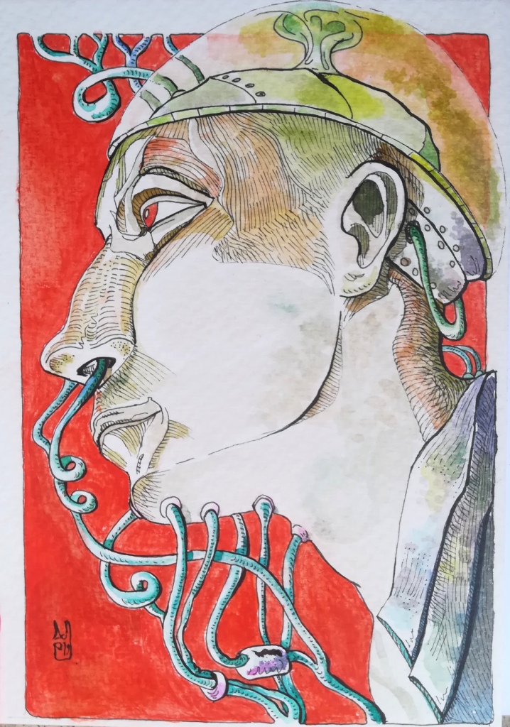 nugae - starnuti cyberpunk - robot intelligenza artificiale - alessandra dell'anna peccarisi - cartoline d'artista - cartoline originali - artist postcard - watercolous acquerello illustrazioni - arte in italia