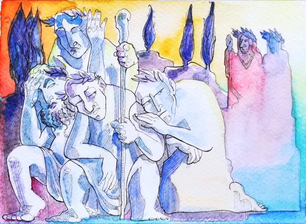Gli spiriti magni - dante inferno - divina commedia - dante e virgilio - acquerello - postcard - watercolour - illustrazione divina commedia - illustration firenze dantedì
