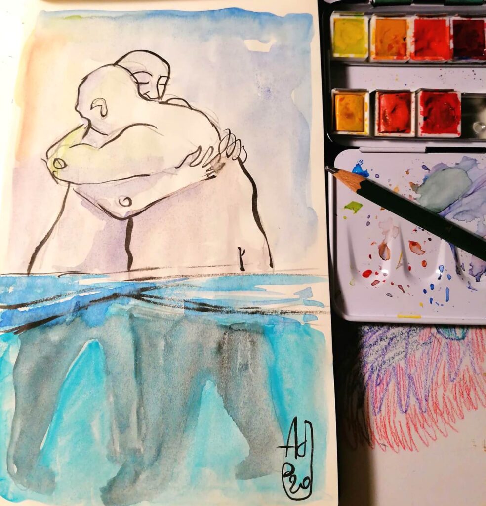sott'acqua - persone che si abbracciano - post covid abbracciarsi - watercolour florence